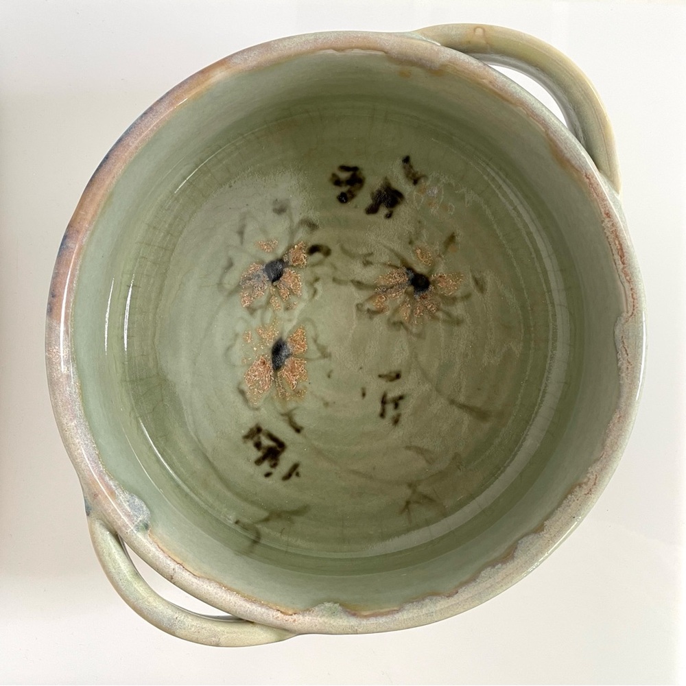 Artisan | Ceramic Casserole Celadon Earthenware Iron Brushstroke Floral Signed - Picture 3 of 8